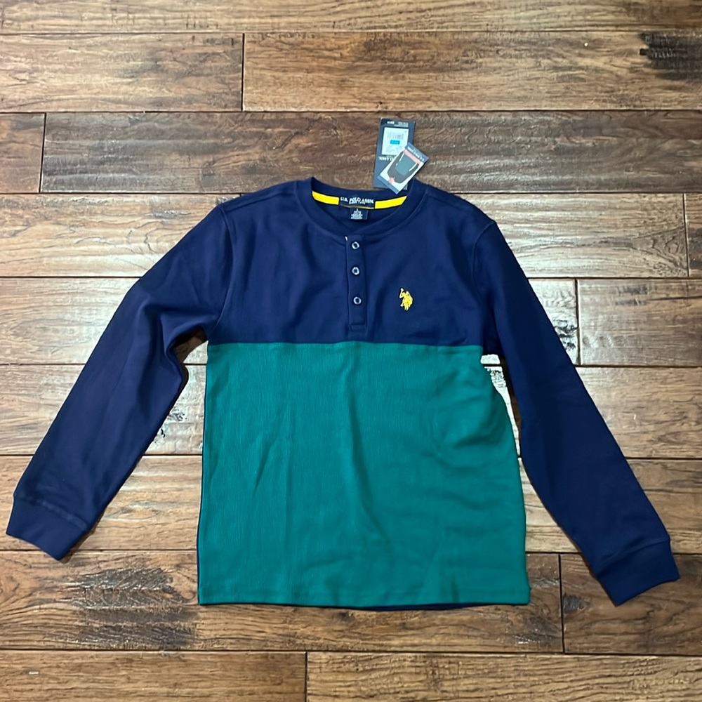 US Polo Assn waffle quarter button shirt long sleeve navy/green size large NWT